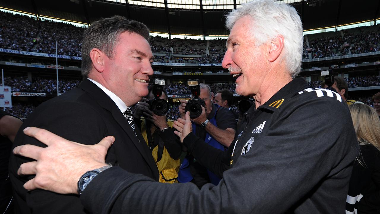 Eddie McGuire and Mick Malthouse together after Collingwood won the 2010 Grand Final.