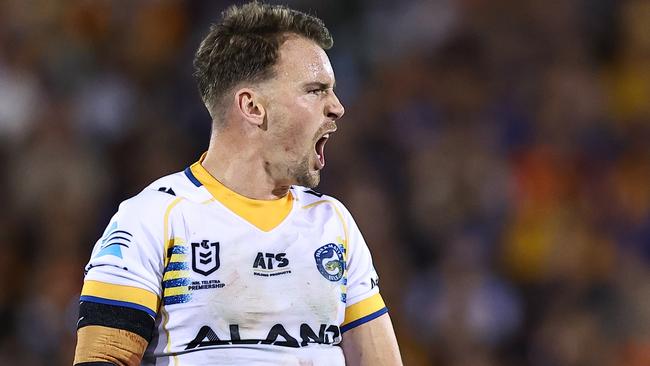 SYDNEY, AUSTRALIA - SEPTEMBER 06: Clint Gutherson of the Eels reacts during the round 27 NRL match between Wests Tigers and Parramatta Eels at Campbelltown Stadium, on September 06, 2024, in Sydney, Australia. (Photo by Jeremy Ng/Getty Images)