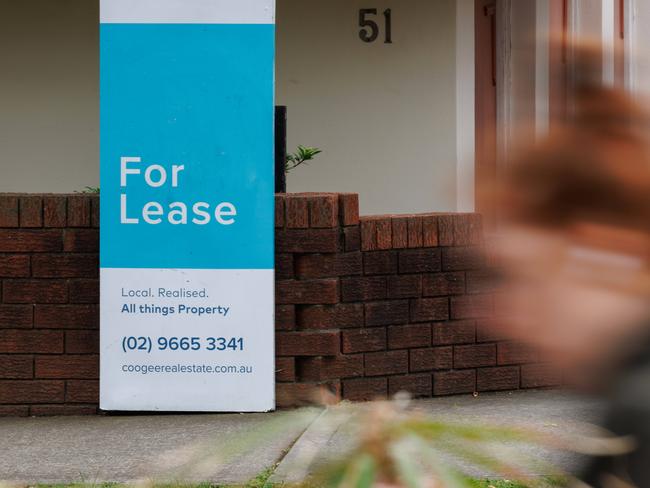 SYDNEY, AUSTRALIA - NewsWire Photos, October 08 2024. GENERIC. Realestate, housing, property, signage. Rental / for lease sign outside apartment building in Randwick. Picture: NewsWire / Max Mason-Hubers