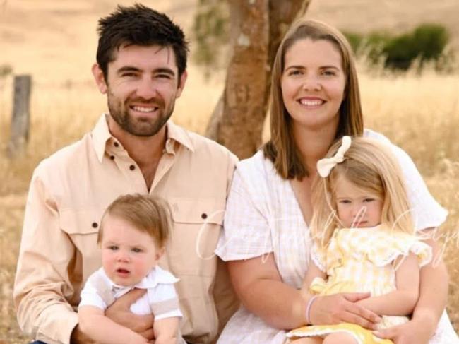 Cameron Bond, 29, who has been diagnosed with stage 3c bowel cancer, with his family, partner of five years Jessica Theobald and children two-year-old Eliza and nine-month-old Clancy. Picture: Supplied