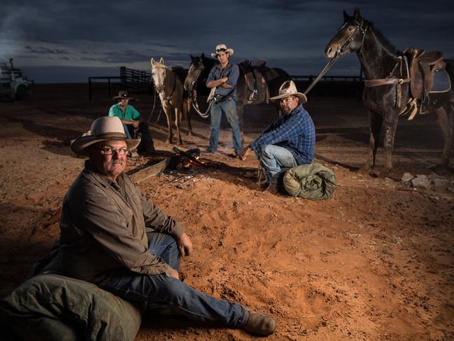 Macumba Station Manager Eddie Nunn, Leading hand Jamie Kunze with Stockmen Jake Coulthard and Cooper Bales during mustering at Macumba Station, Oodnadatta. Picture: Matt Turner.