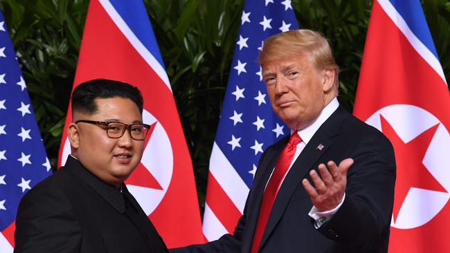 US President Donald Trump and North Korea's leader Kim Jong-un meet in Singapore. Picture: AFP