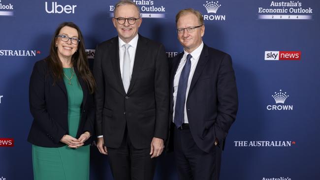 Prime Minister Anthony Albanese with The Australian’s editor-in-chief Michelle Gunn and Sky News Australia chief executive Paul Whittaker at Australia’s Economic Outlook last year.