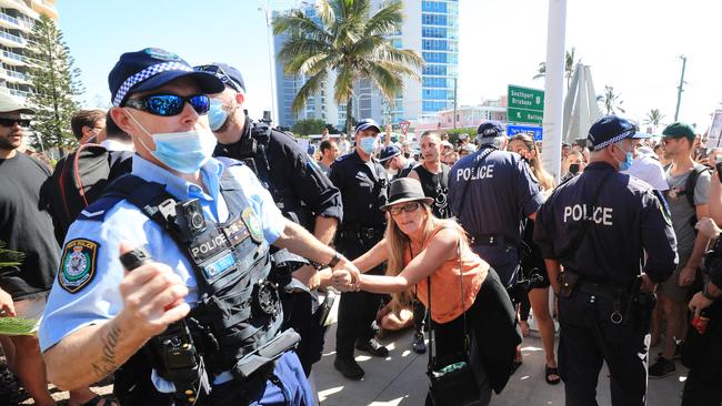 A protest at the Queensland border with NSW on Sunday. Picture: Scott Powick