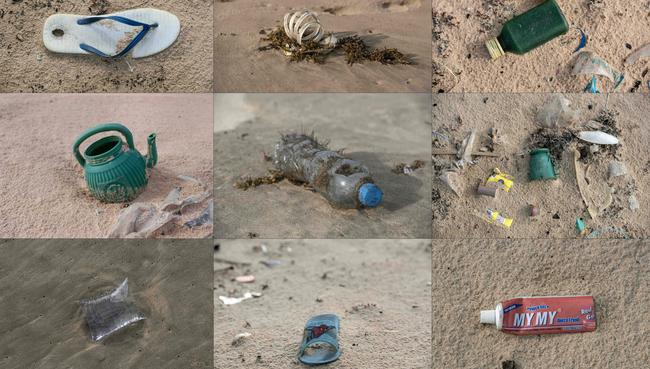 This combination of pictures created this week includes a discarded sandal, plastic and sea kelp, an empty gin bottle, a plastic kettle, algae on a water bottle, a cracked and plastic cup. Picture: AFP