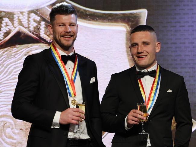 Dual Magarey Medal winners Bryce Gibbs and James Tsitas during the Magarey Medal ceremony at the Adelaide Oval in Adelaide, Monday, September 27, 2021. (SANFL Image/David Mariuz)