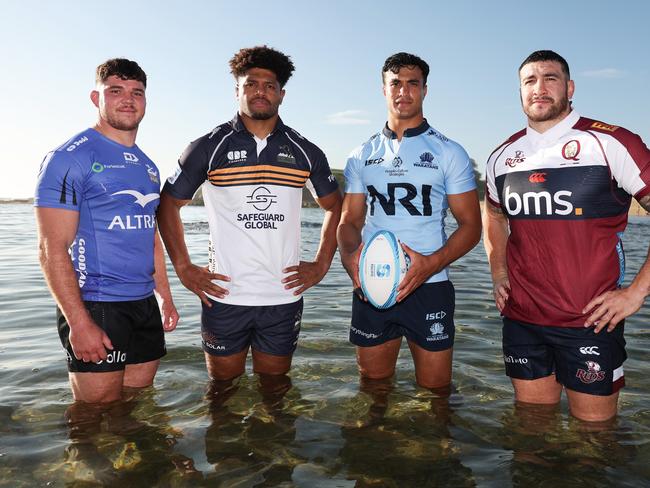 Carlo Tizzano of the Western Force, Rob Valetini of the Brumbies, Joseph-Aukuso Suaalii of the Waratahs and Jeffery Toomaga-Allen of the Reds at the 2025 Super Rugby season launch.