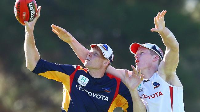 Crows ruckmen Sam Jacobs and Reilly O'Brien train at West Lakes. Picture: Sarah Reed