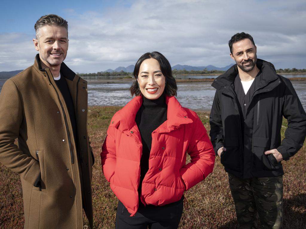 Melissa Leong, centre, with the late Jock Zonfrillo (far left) and MasterChef Australia co-star Andy Allen, far right. Picture: Supplied