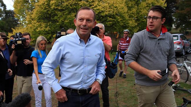 9/4/18 Former PM Tony Abbott in Warragul prior to leaving on the next leg of his Pollie Pedal through the Latrobe Valley. Aaron Francis/The Australian