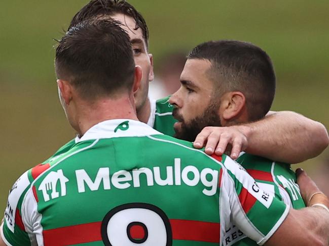 SYDNEY, AUSTRALIA - MARCH 20: Adam Reynolds of the Rabbitohs celebrates scoring a try with Cameron Murray of the Rabbitohs during the round two NRL match between the Manly Sea Eagles and the South Sydney Rabbitohs at Lottoland, on March 20, 2021, in Sydney, Australia. (Photo by Cameron Spencer/Getty Images)