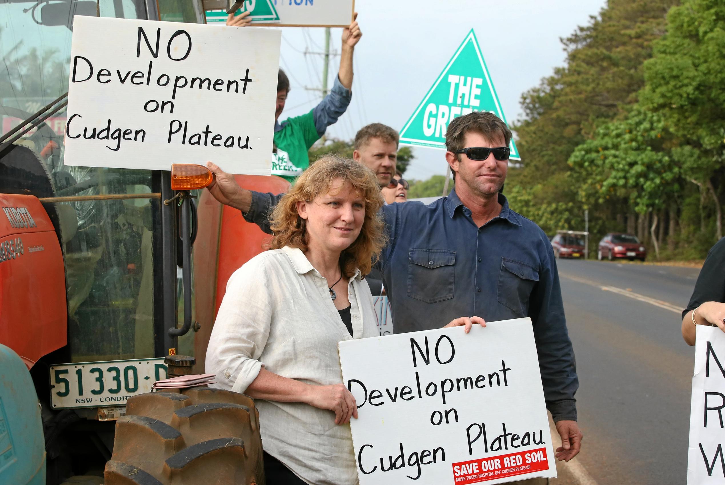 Tweed District Mayor Katie Milne and James Paddon at this mornings protest outside the site of the new Tweed Valley Hospital at Cudgen. Photo Scott Powick. Picture: Scott Powick