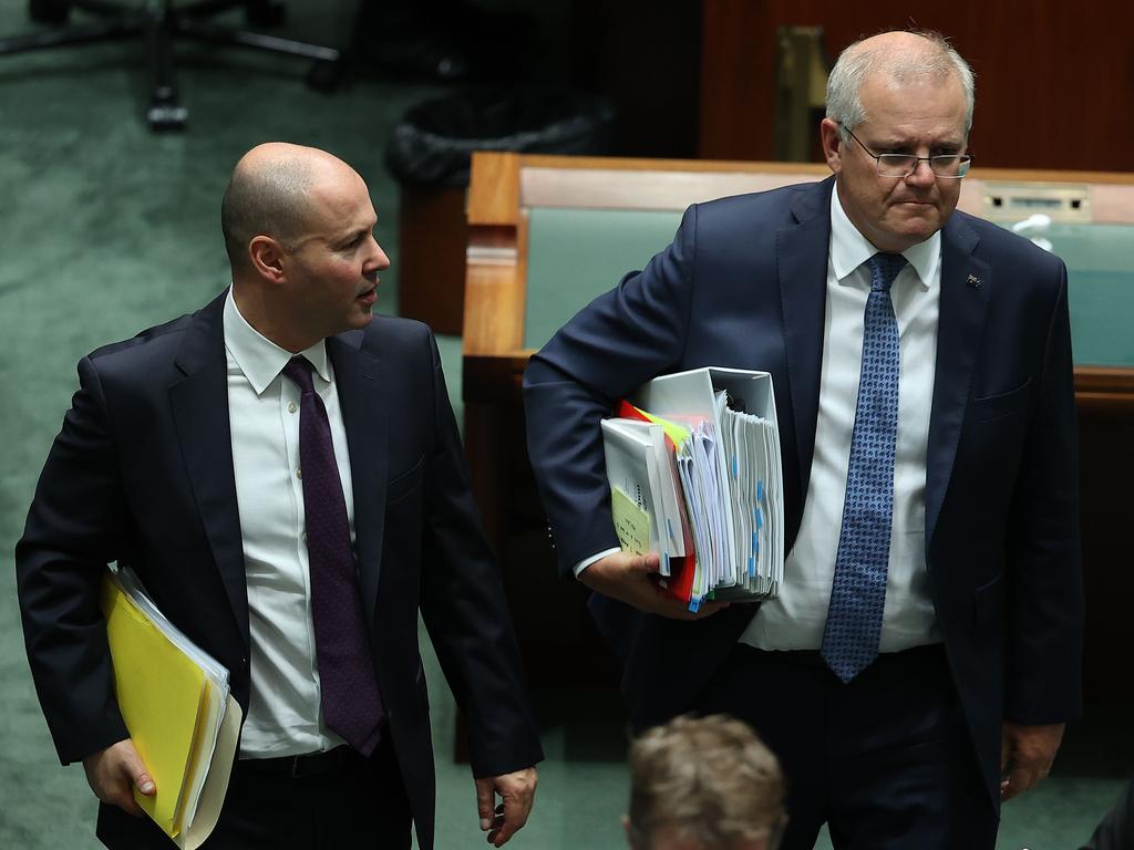 Treasurer Josh Frydenberg and Prime Minister Scott Morrison during Question Time. Picture: NCA NewsWire/Gary Ramage