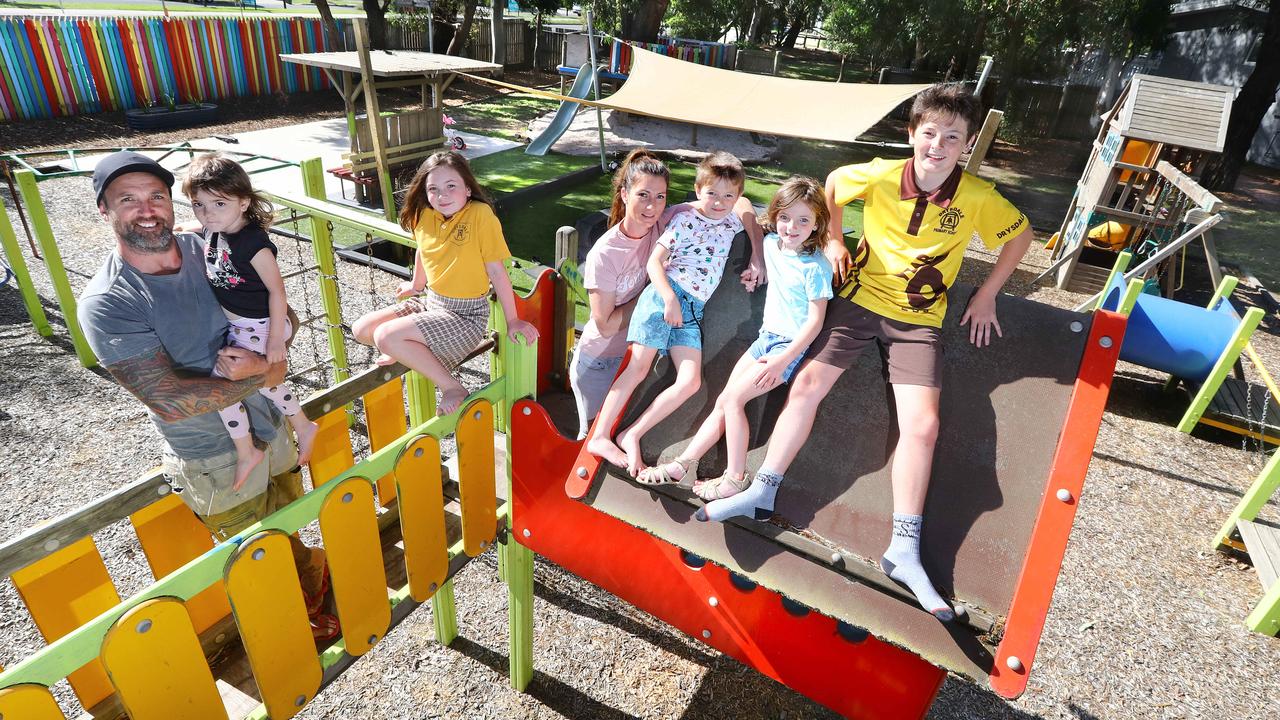 Daniel and Crystal Fear’s six kids – Summer, 3, Piper, 9, Abel, 6, Dotti, 5, and Chase, 12 – have loads of fun in their exclusive backyard playground. Picture: Glenn Ferguson