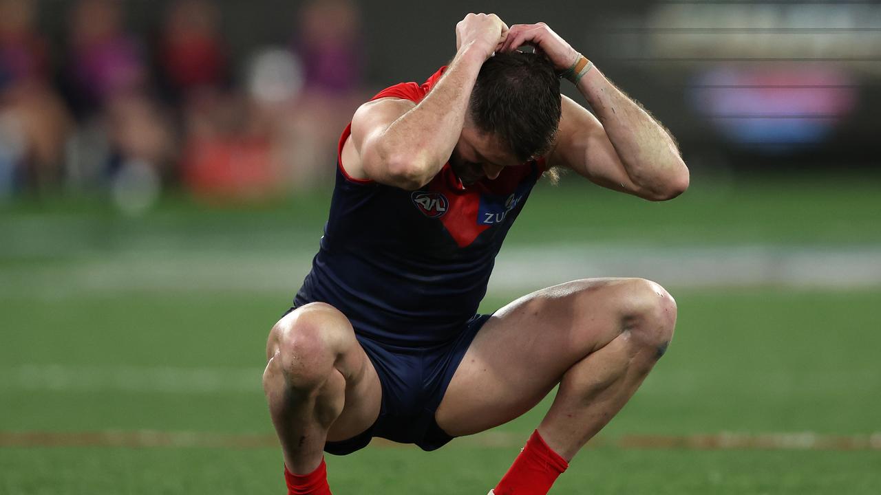 MELBOURNE, AUSTRALIA - SEPTEMBER 15: Joel Smith of the Demons is dejected after the Demons were defeated by the Blues during the AFL First Semi Final match between Melbourne Demons and Carlton Blues at Melbourne Cricket Ground, on September 15, 2023, in Melbourne, Australia. (Photo by Robert Cianflone/Getty Images)