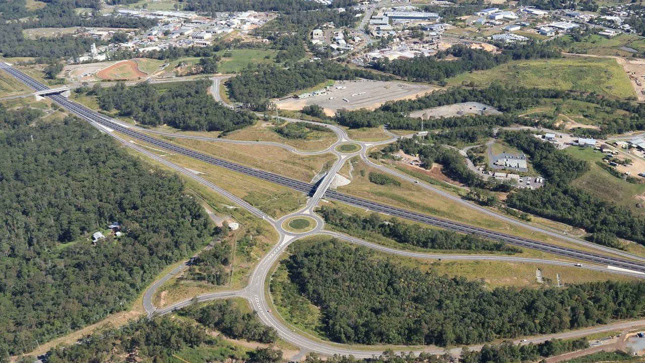 An aerial shot of the Flood Road interchange of the Gympie Bypass.