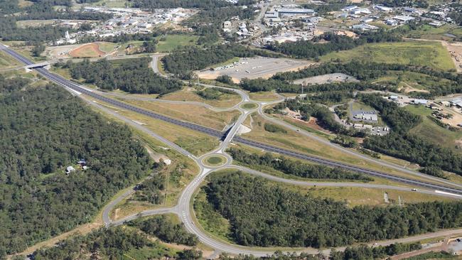 An aerial shot of the Flood Road interchange of the Gympie Bypass.