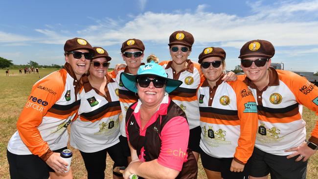 Charters Towers Goldfield Ashes 2025. Kath Stanley from the Townsville Wanderers with Cassie Haines, Amanda Beveridge, Michelle Buckle, Gabrielle Dockray, Hayley Cornish and Courtney Doherty from the Townsville Dongos. Picture: Evan Morgan