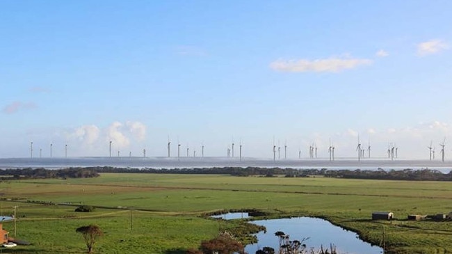 Render showing a future Robbins Island Renewable Energy Park, seen from Montagu, across Robbins Passage. Picture: Robbins Island Wind