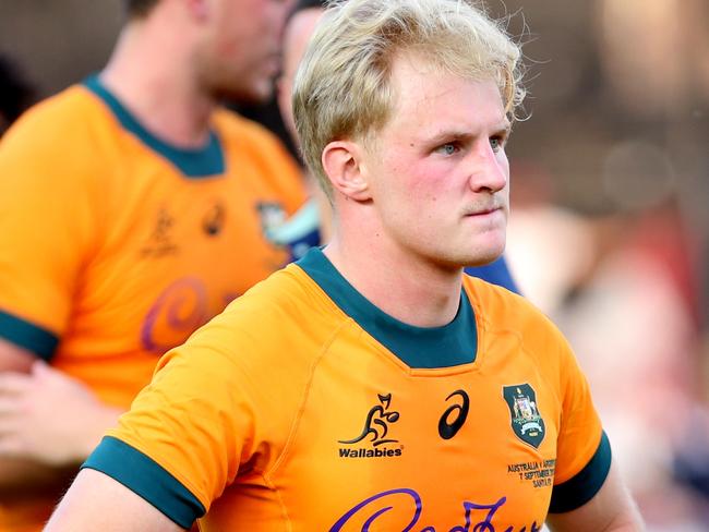 SANTA FE, ARGENTINA - SEPTEMBER 7:   Tom Lynagh of Australia looks dejected at the end of the Rugby Championship 2024 match between Argentina and Australia at Brigadier General Estanislao Lopez Stadium on September 7, 2024 in Santa Fe, Argentina. (Photo by Daniel Jayo/Getty Images)