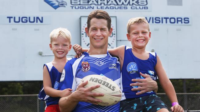 Former Gold Coast Titans veteran Ashley Harrison will play for the Tugun Seahawks in 2018, thanks to some persuasion by sons Will, 4 (left), and Ethan, 6 (right). Picture: Glenn Hampson