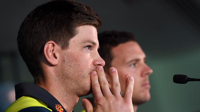 Tim Paine (L) outlined the teams new standards. Picture: AFP