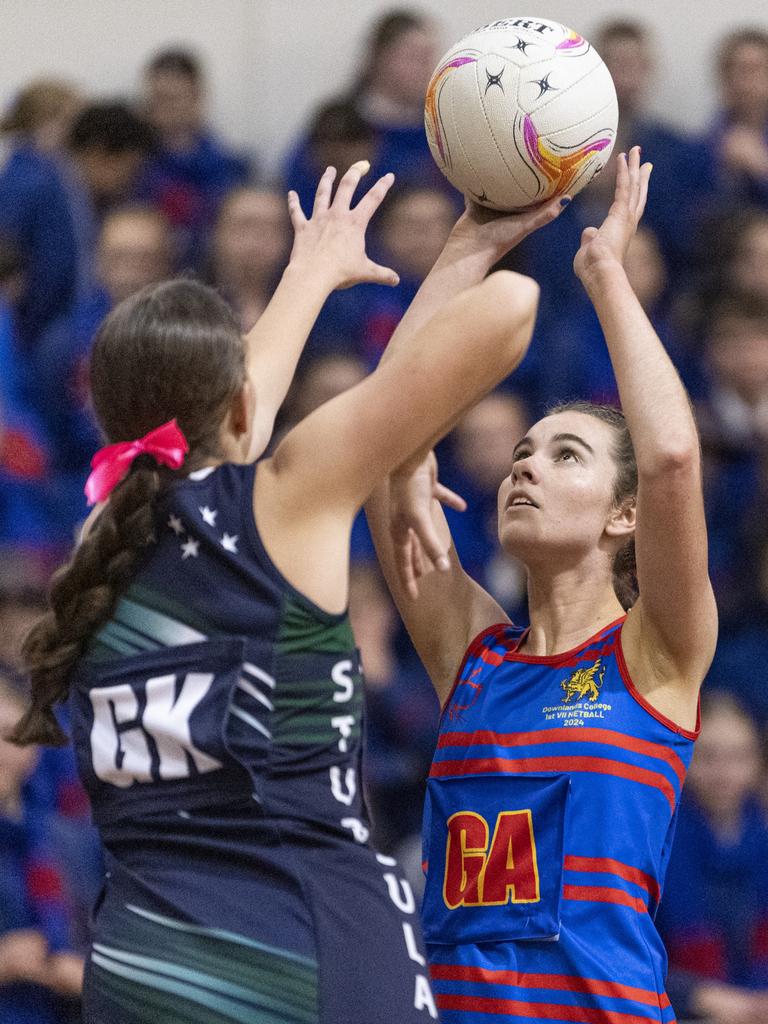 Lara Fitzgerald of Downlands First VII against St Ursula's Senior A in Merici-Chevalier Cup netball at Salo Centre, Friday, July 19, 2024. Picture: Kevin Farmer