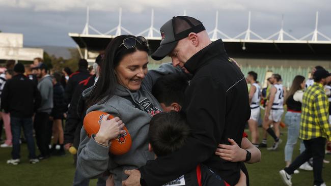 North Launceston coach Adrian Smith with family after the win. TSL grand final 2024 - North Launceston V Lauderdale. Picture: Nikki Davis-Jones
