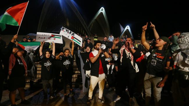 Palestine supporters rally outside the Sydney Opera House on October 9, 2023. Picture: Lisa Maree Williams/Getty Images