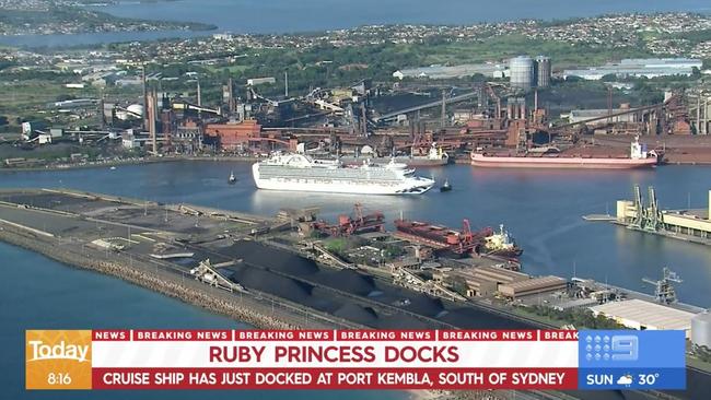 The Ruby Princess docks at Port Kembla. Picture: Channel 9