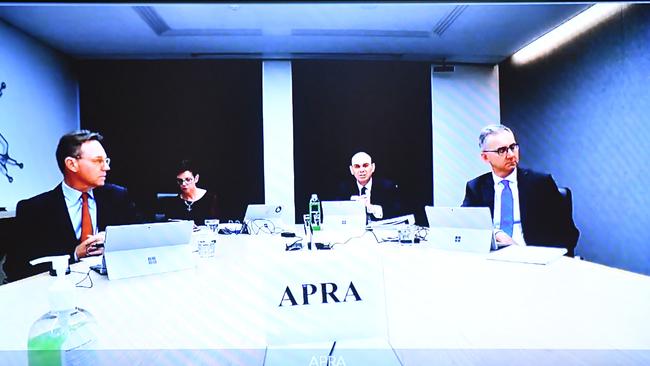 Australian Prudential Regulation Authority (APRA) chairman Wayne Byres (2nd R) appears by audio visual link at the Senate Inquiry into COVID-19 at Parliament House in Canberra, Thursday, May 28, 2020. (AAP Image/Mick Tsikas)