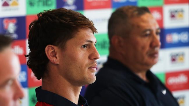 Kalyn Ponga and his dad, Andre, at the press conference to announce Kalyn’s new deal at the Knights. Picture: Peter Lorimer/Getty Images