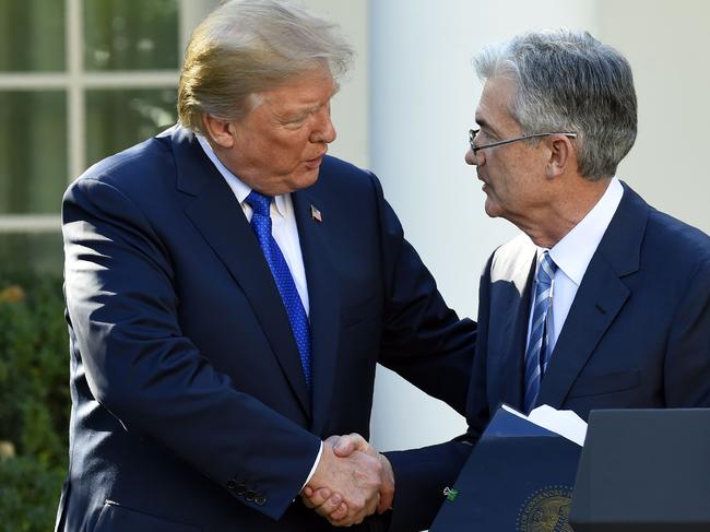 US President Donald Trump shakes hands with his then-nominee for Chairman of the Federal Reserve, Jerome Powell (R). Picture: AFP