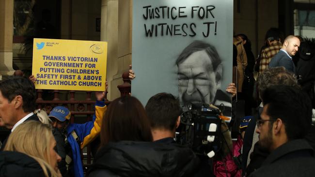 Protesters at the Supreme Court of Victoria after the Victorian Supreme Court dismissed George Pell’s appeal over his sexual assault conviction. Picture: Getty Images.