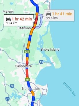 At 12:10pm travellers faced a 1 hour and 42 minute drive from the Sunshine Coast. Picture: Google Maps.