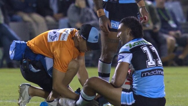 Nikora had the ankle checked by the trainer. Photo: Fox Sports