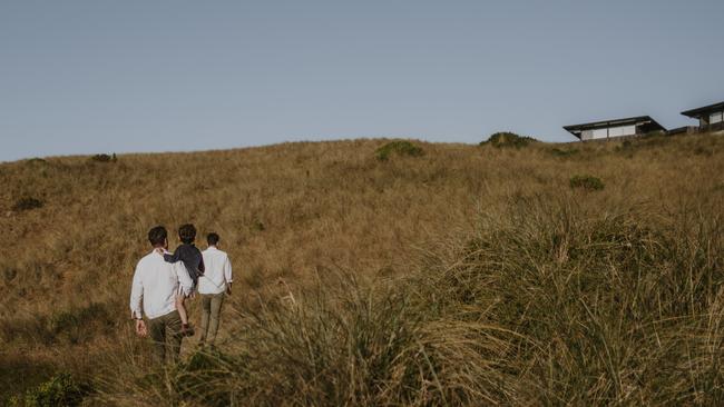 EMBARGO FOR WISH MAGAZINE 03 FEBRUARY 2023. FEE MAY APPLY. Kittawa Lodge Nick Stead and Aaron Suine with son Abraham, King Island, TAS. Photo: Supplied