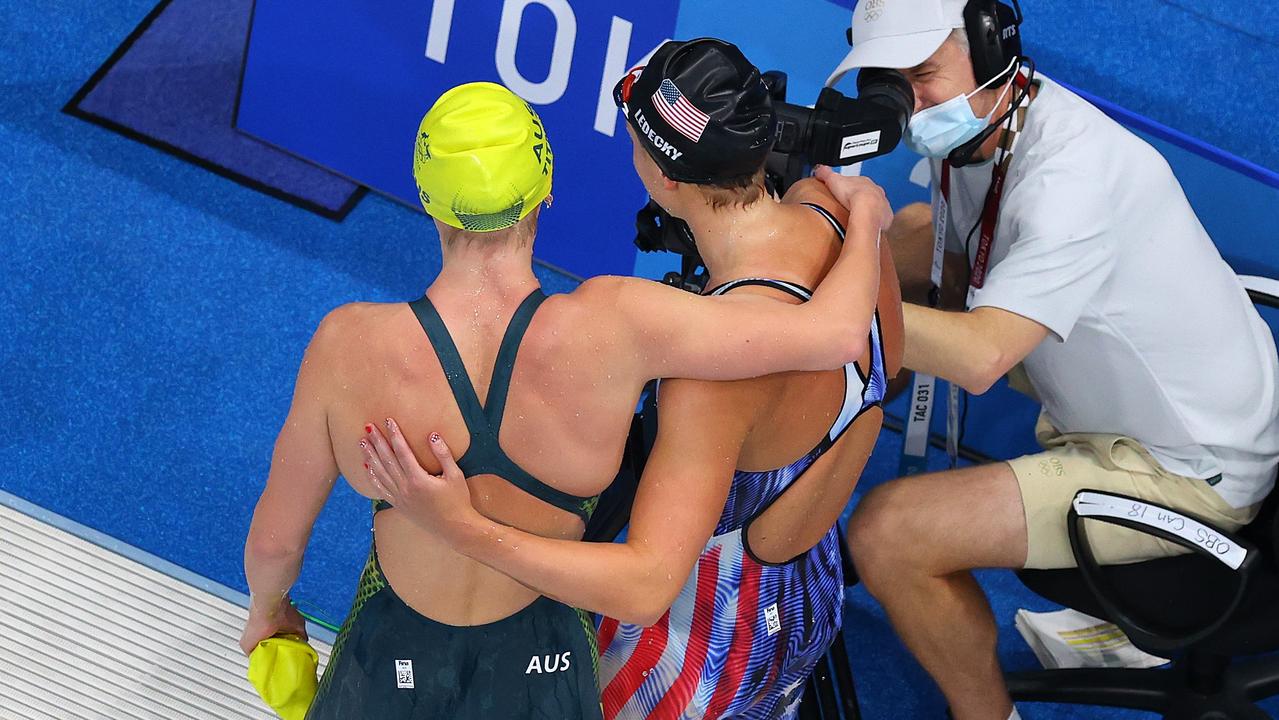 Ariarne Titmus of Team Australia and Katie Ledecky of Team United States embrace after competing in the Women's 400m Freestyle Final on day three of the Tokyo 2020 Olympic Games at Tokyo Aquatics Centre on July 26, 2021 in Tokyo, Japan. (Photo by Rob Carr/Getty Images)