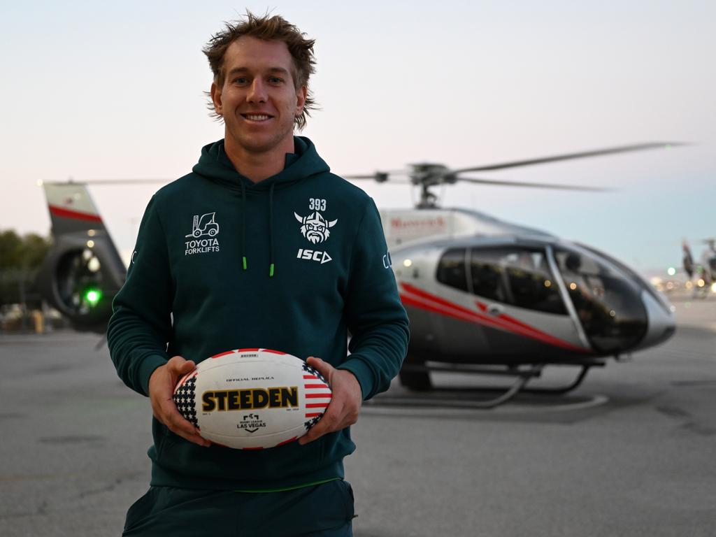 Canberra Raiders player Zac Hosking taking a helicopter ride over Las Vegas on Friday night. Picture: NRL Images.