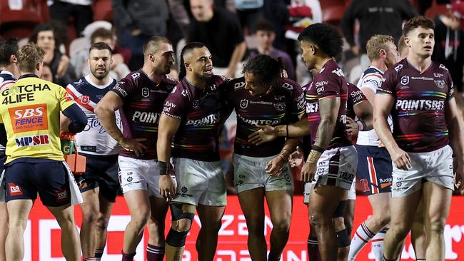 An understrength The Sea Eagles tried hard against the Roosters. Picture: Cameron Spencer/Getty Images