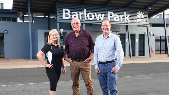 Cairns Chamber of Commerce CEO Patricia O'Neill, Member for Leichhardt Warren Entsch and Advance Cairns CEO Paul Sparshott at Barlow Park. Picture: Brendan Radke