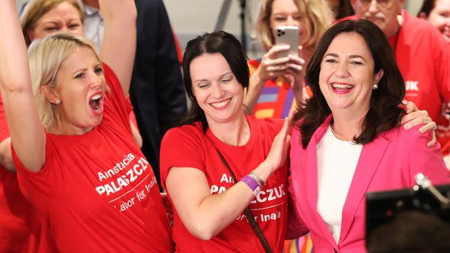 Annastacia Palaszczuk with her sisters Julia and Nadia on arrival to the election after party, Blue Fin Fishing Club, Inala. Photographer: Liam Kidston.