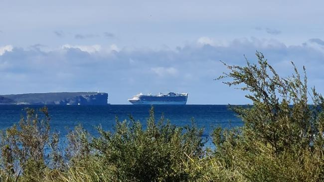 The P &amp; O Pacific Adventure dropped its anchor at the north end of Jervis Bay on Saturday afternoon, after braving rough six metre swells and strong winds over the weekend.Picture: Facebook/Emmas Coffee Spot