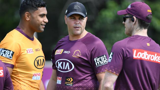 Brisbane Broncos coach Anthony Seibold with suspended player Tevita Pangai Jr. Picture: AAP Image/Dan Peled