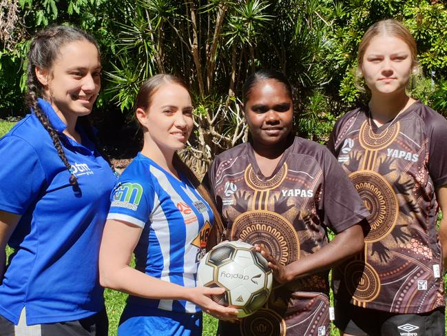 Hellenic's Georgia Hajdic, left, and Leonora Kilmartin with NT Yappas pair Marcey Garrawurra and Clessae Desatge. Picture: Grey Morris