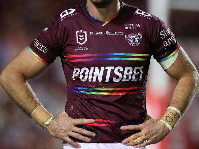 SYDNEY, AUSTRALIA - JULY 28:  The Manly Sea Eagles rainbow pride jersey is seen on a player during the round 20 NRL match between the Manly Sea Eagles and the Sydney Roosters at 4 Pines Park on July 28, 2022, in Sydney, Australia. (Photo by Cameron Spencer/Getty Images)