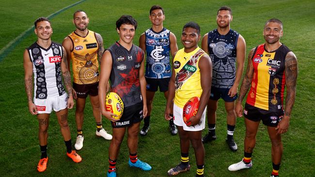 Bobby Hill of the Magpies, Jarman Impey of the Hawks, Jayden Davey of the Bombers, Jesse Motlop of the Blues, Maurice Rioli of the Tigers, Brandan Parfitt of the Cats and Bradley Hill of the Saints launch Sir Doug Nicholls Round. Picture: Michael Willson/AFL Photos via Getty Images