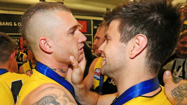 Best mates Dustin Martin and Trent Cotchin after their drought-breaking win. Picture: Mark Stewart