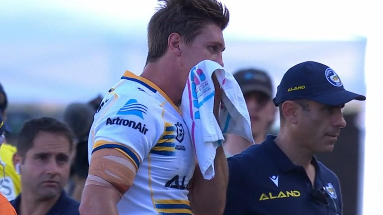 Shaun Lane was forced from the field in the Knights vs Eels trial with a jaw injury, and taken to hospital. Picture: Fox League.