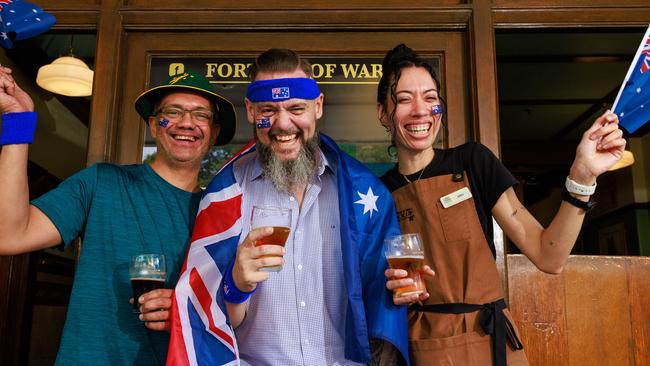 Daily Telegraph. 03, December, 2024.(Story-Fortune of War pub to have happy Oz Day celebration)Tommy Slatter, Neil Jones and Judy Chute, at the Fortune of War, The Rocks, today.Picture: Justin Lloyd.